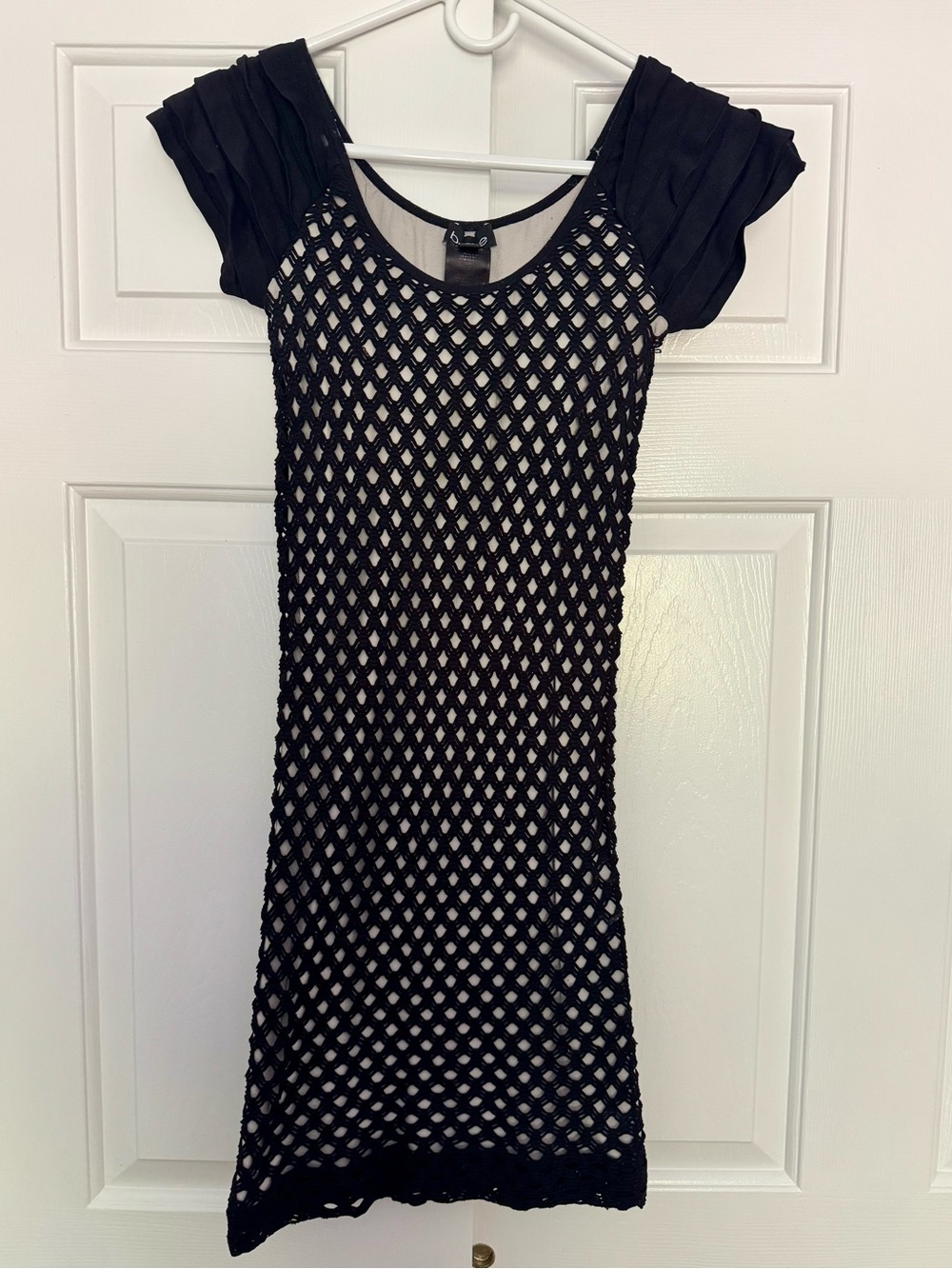 bebe Black Mesh Overlay Short Dress with Pleated Cap Sleeves